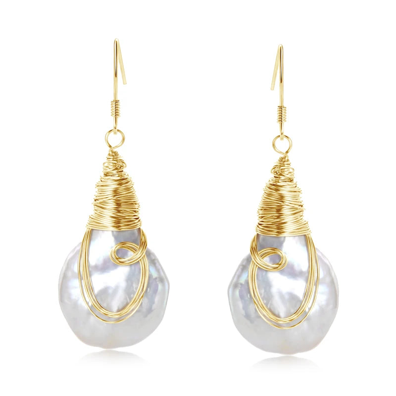 Natural Large Baroque Pearl Drop Earrings 925 Silver Handmade Wire Wrap Bulb Hook Earrings for Women Wedding Party Jewelry