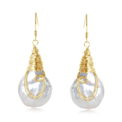 Natural Large Baroque Pearl Drop Earrings 925 Silver Handmade Wire Wrap Bulb Hook Earrings for Women Wedding Party Jewelry