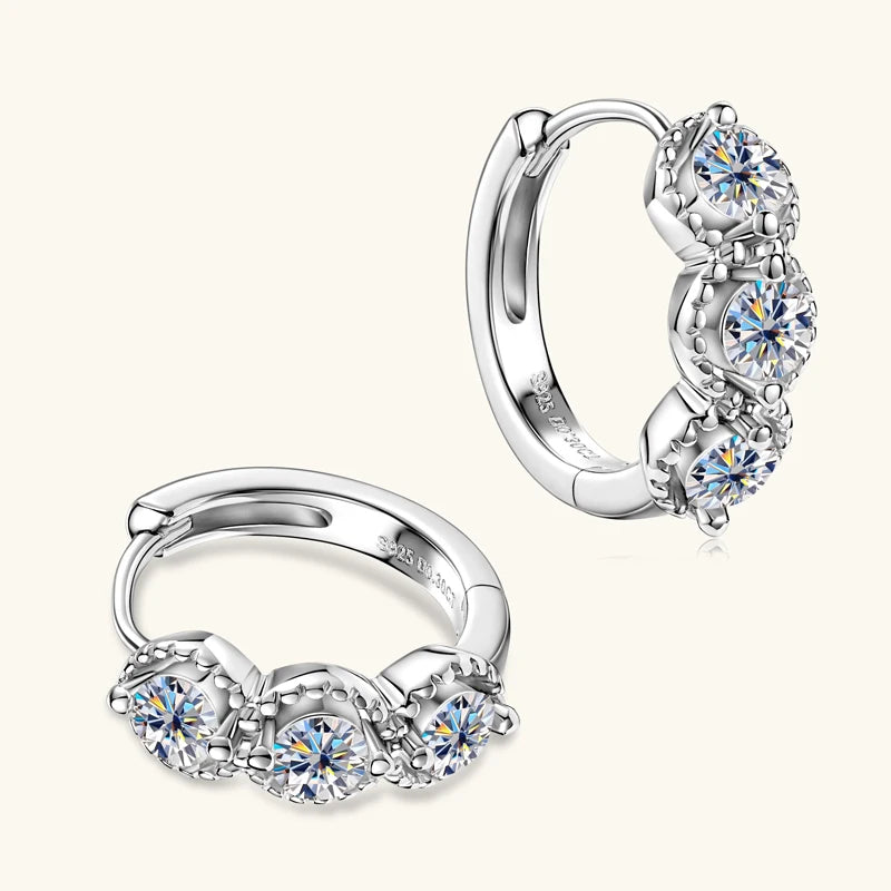 2025 New 3mm Round Moissanite Three Stone Hoop Earrings Real 925 Sterling Silver Earrings Jewelry Valentine's Day Gift for Women