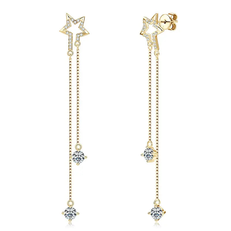 4mm D Moissanite Star Tassel Drop Stud Earrings for Women Long Chain Dangle Earrings 925 Silver GRA Certified Fine Jewelry