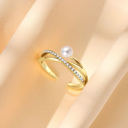 925 Sterling Silver Cross Ring 4-4.5mm Natural Freshwater Pearl Rings for Women Fashion adjustable Open Finger Band Jewel