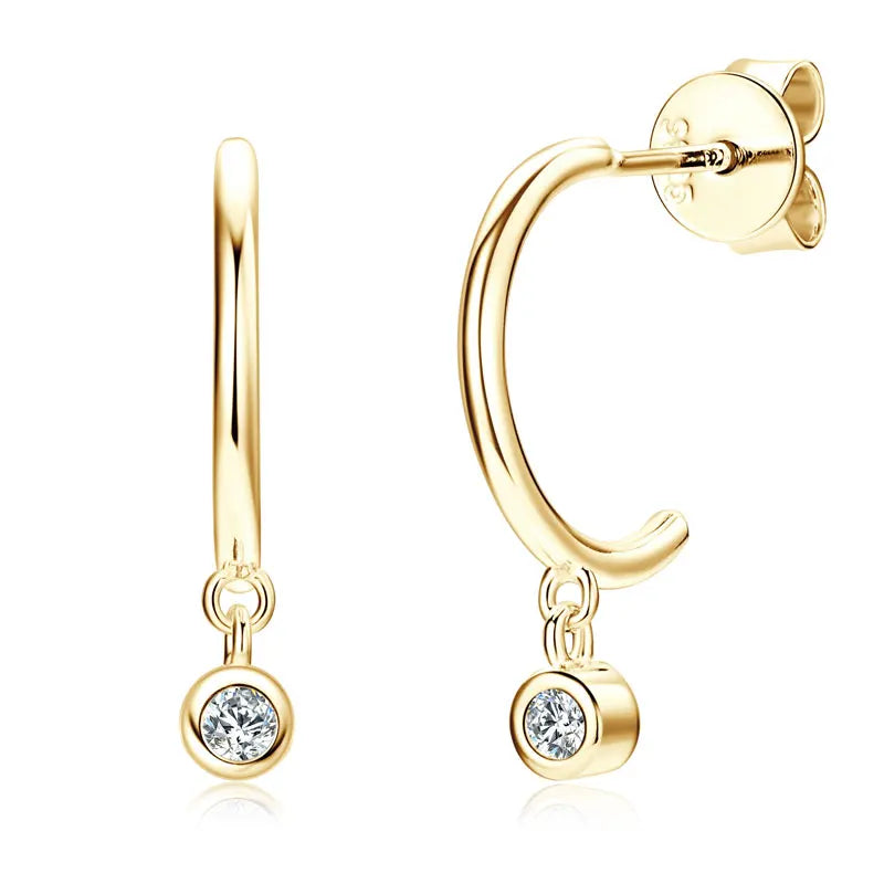 Bezel 2mm Moissanite Drop Studs Earrings 925 Silver C-shaped Earrings Cuff for Women Girl Simple Daily Ear Jewelry Gifts