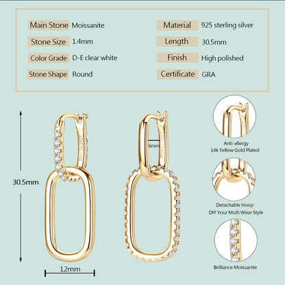 Convertible Paperclip Link Hoop Earring 925 Sterling Silver Round Moissanite Earrings Jewelry for Women Gift Wedding Party