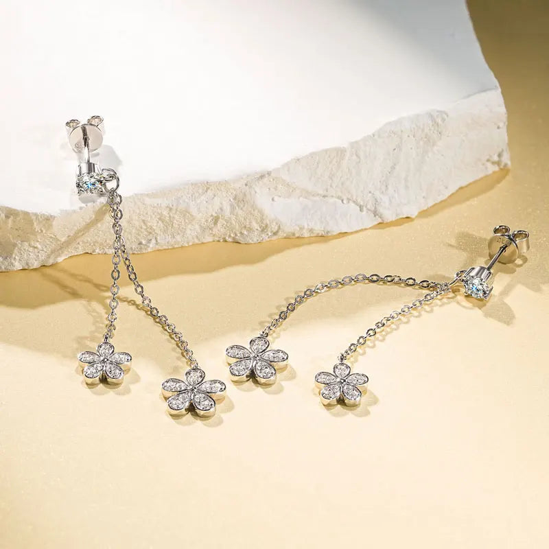 4mm D Moissanite Drop Earrings for Women S925 Silver Chain Star Flowers Pendant Stud Earrings Daily Wear Wedding Jewelry