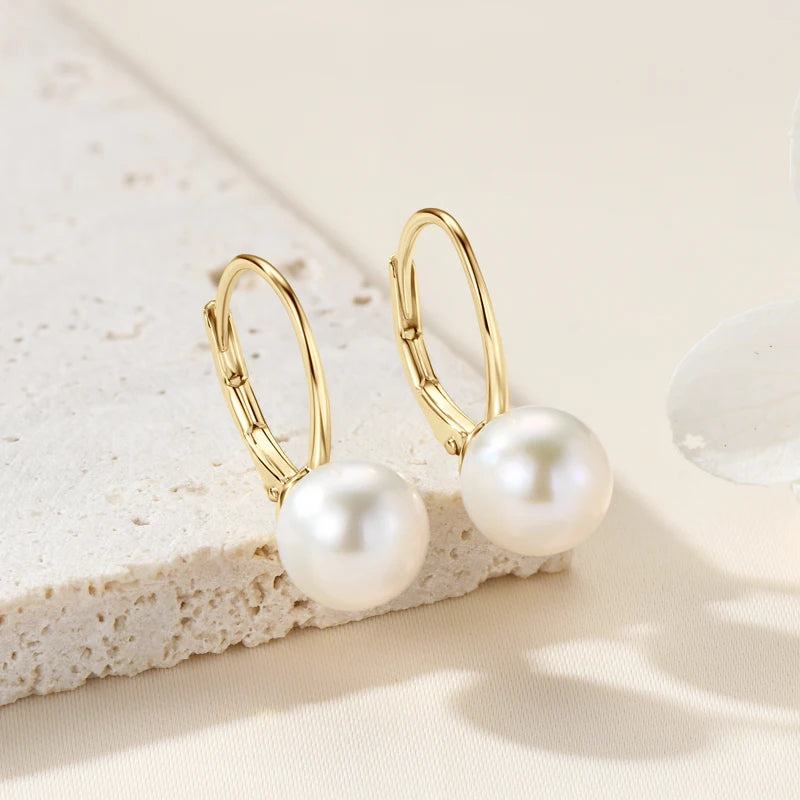 100% 925 Sterling Silver 8-9mm Natural Freshwater Pearl Drop Hoop Earrings White Pearl Wedding Fine Jewelry for Women Gift