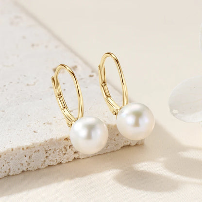100% 925 Sterling Silver 8-9mm Natural Freshwater Pearl Drop Hoop Earrings White Pearl Wedding Fine Jewelry for Women Gift