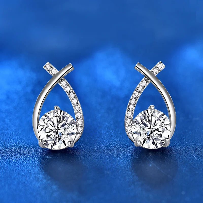 Real 925 Silver Stud Earrings 0.5ct Moissanite Drop Fishtail Cross Piercing Ear Earring 2023 Korean Trendy Women's Jewelry