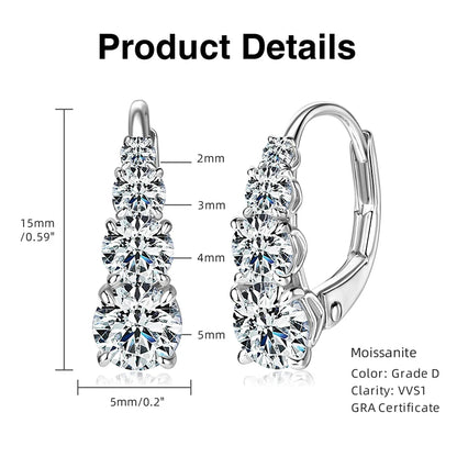 100% 925 Silver Moissanite Hoop Clip Earrings Luxury 4 Stones D VVS1 Round Lab Diamond Jewelry Gift for Women Upgrade Type