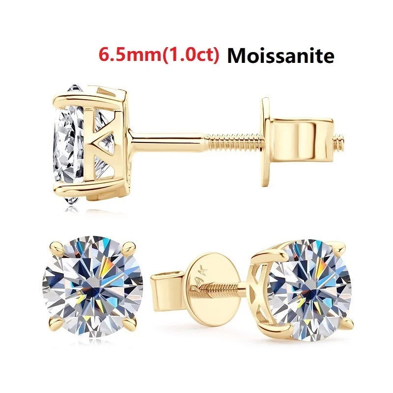 10K Solid Gold Stud Earrings Sparking 6.5mm 6mm 0.8-1CT D-E Moissanite Classic Earrings for Women Men Jewelry GRA Certificate