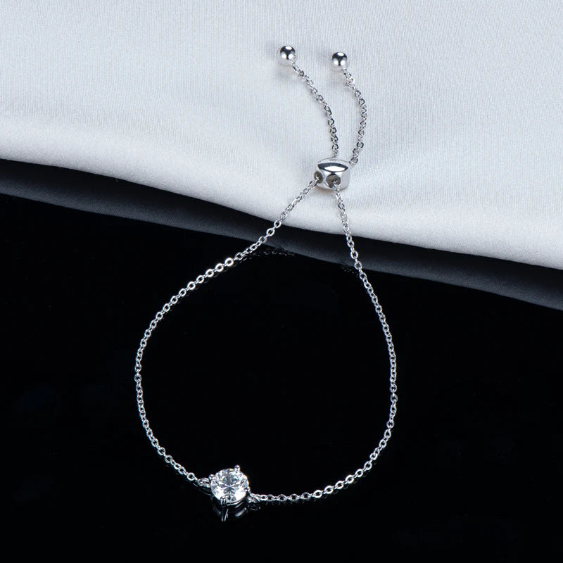 Solitaire 1CT 6.5mm D Color Moissanite 925 Silver Chain Bracelet Hand Jewelry for Women Adjustable Bracelet Christmas Gift