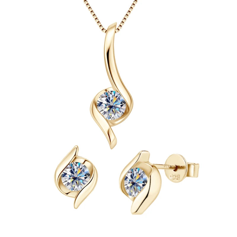 Gold Plated Silver 925 Real Moissanite Jewelry Set – 2.0ctw D Color Lab Diamond Earrings & Necklace Women Gift