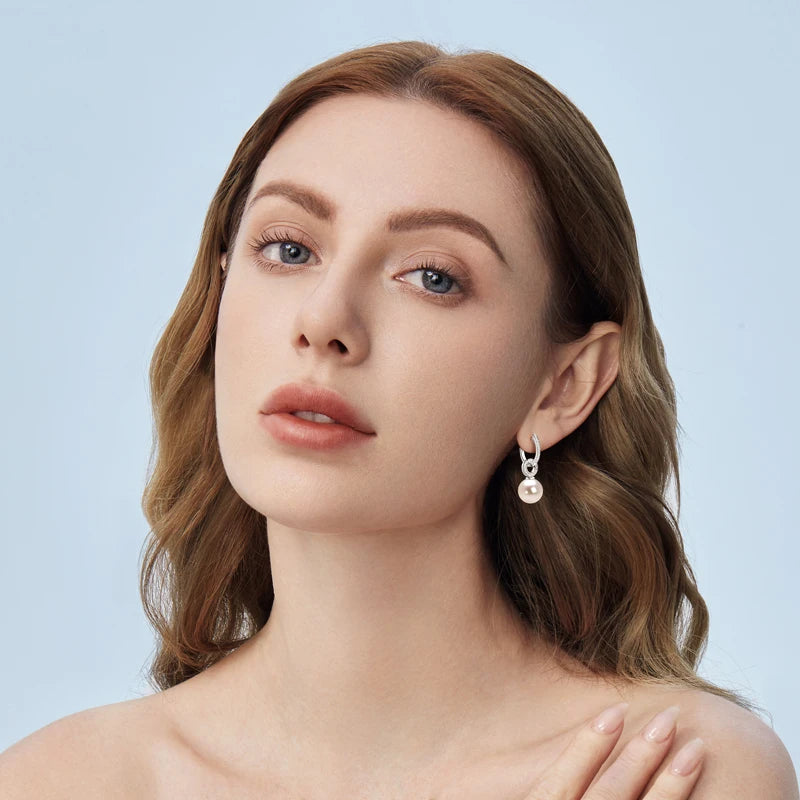 Real 925 Sterling Silver Hoop Earrings 9-10mm White Shell Pearl Drop Earring Detachable Wedding Party Jewelry for Women