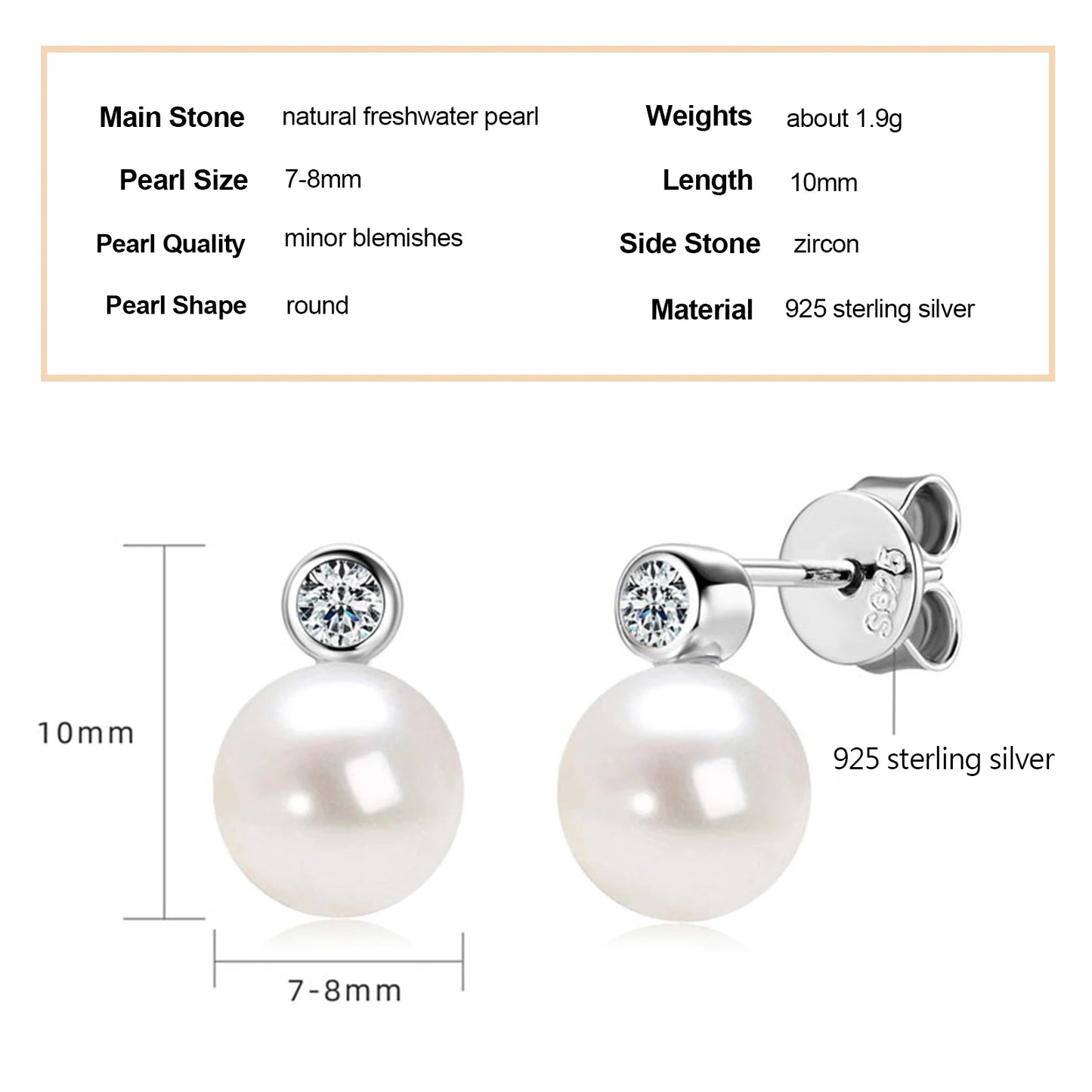 925 Sterling Silver Earrings 7-8mm Natural Freshwater Pearl Stud Earrings with 2.5mm Cubic Zirconia Jewelry for Women Gift