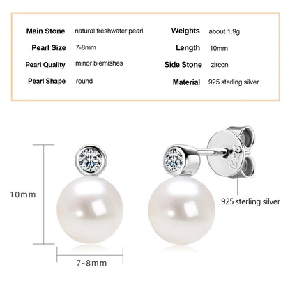 925 Sterling Silver Earrings 7-8mm Natural Freshwater Pearl Stud Earrings with 2.5mm Cubic Zirconia Jewelry for Women Gift
