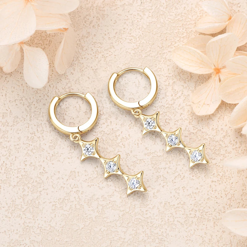 Original D0.30CT Star Moissanite Long Drop Earrings for Women Hoops 925 Silver Cute Wedding Jewelry with GRA Certificate