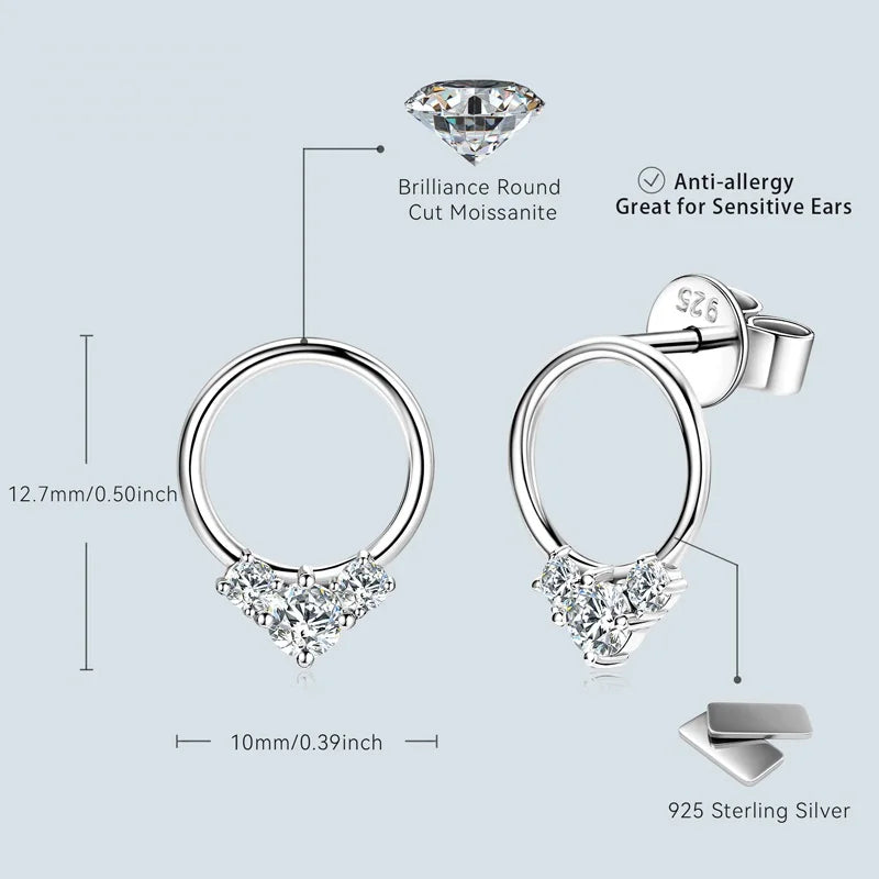 3-stone D Color Moissanite Drop Earrings 925 Silver Simple Circle Studs Piercing Earring Wedding Jewelry for Women Gift 2024 New