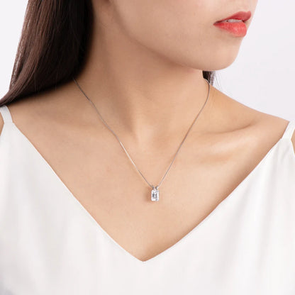 Cubic Zirconia Necklace Emerald Cut Pendants 925 Sterling Silver Woman Engagement Gift With 45cm Silver Box Chain Jewelry