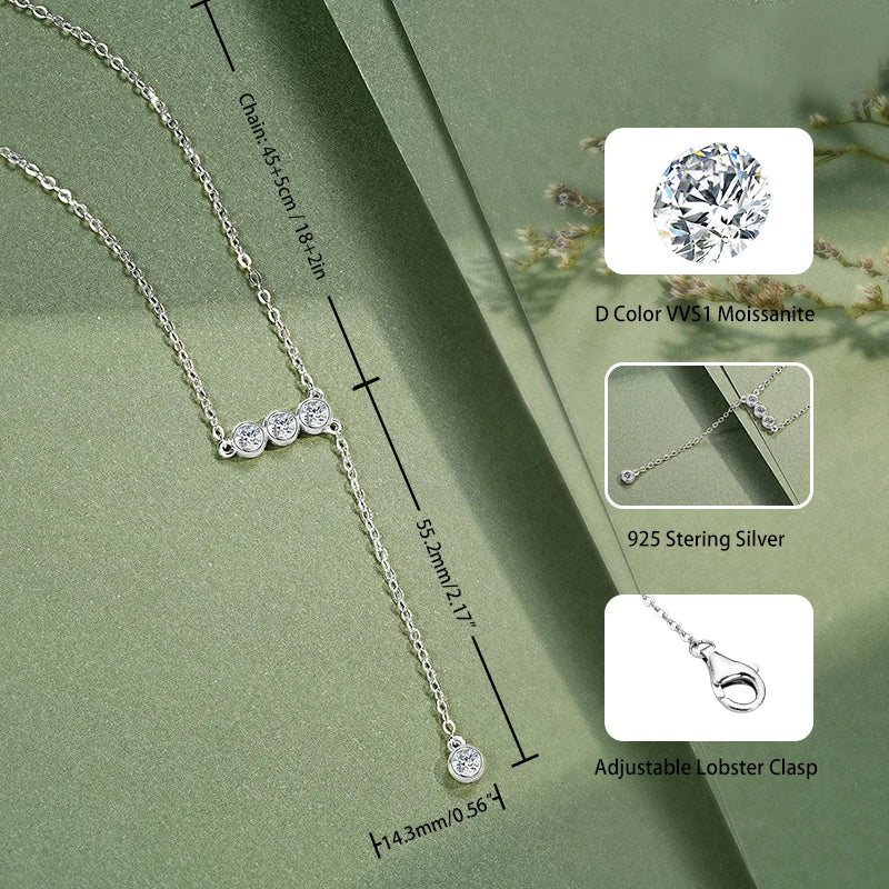 Real 925 Sterling Silver Y Lariat Necklace 2024 3mm Bezel Round Moissanite Pendant Necklaces for Women Wedding Party Jewel
