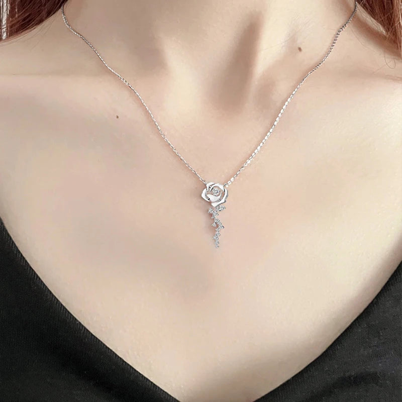 100% 925 Sterling Silver Rose Flower Jewelry Set D Color Round Cut Moissanite Earrings Pendant Necklace for Women Gifts