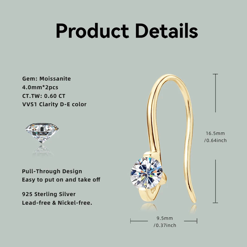 2024 4mm Round Moissanite Drop Hook Earrings 100% 925 Silver for Women Fine Jewelry Original with GRA Certificate Original