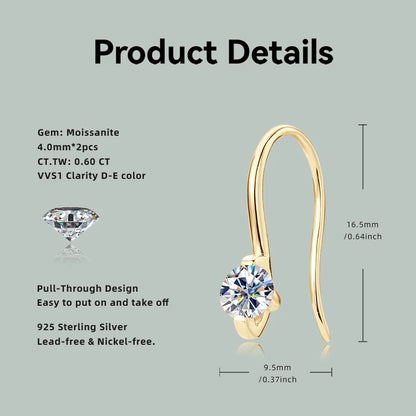 2024 4mm Round Moissanite Drop Hook Earrings 100% 925 Silver for Women Fine Jewelry Original with GRA Certificate Original