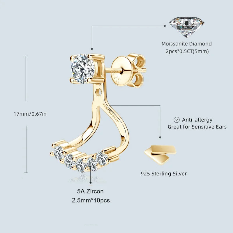 2024 Trendy 5mm Moissanite Ear Jacket Earrings Studs for Women 100% 925 Silver Dual Purpose Front and Back Earrings Jewelry Gift