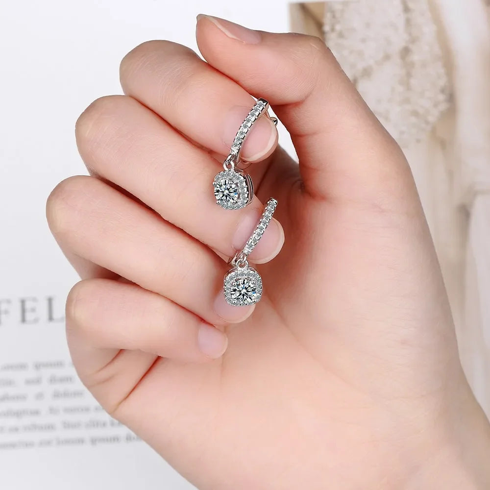 Real 925 Silver 3CT 2ct Moissanite Drop Hoop Earrings for Women Classic 1.0ct Square Dangle Wedding Earring 8mm 9mm GRA Jewelry