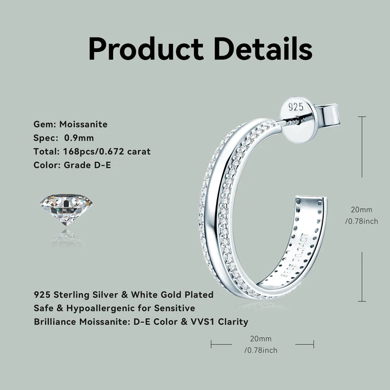 C Shape Open Circle Stud Earrings Moissanite Hoop Drop Piercing Earrings 925 Sterling Silver Women's Anniversary Jewelry