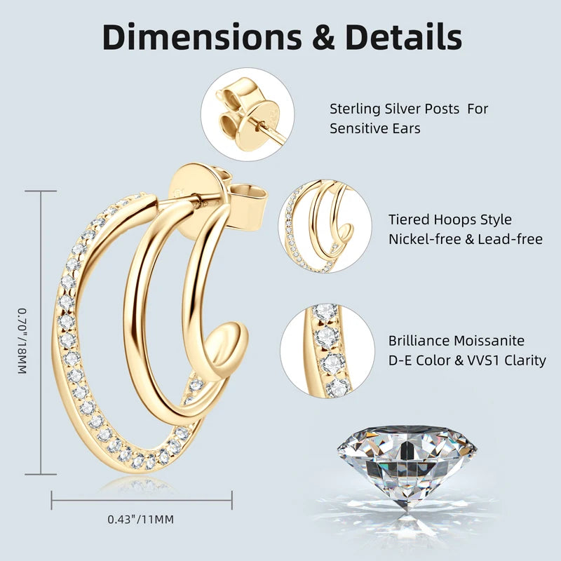 New Geometric Triple Hoops Moissanite Stud Earrings Silver 925 Illusion Ear Cuffs Piercing Earring for Women Gifts Jewelry