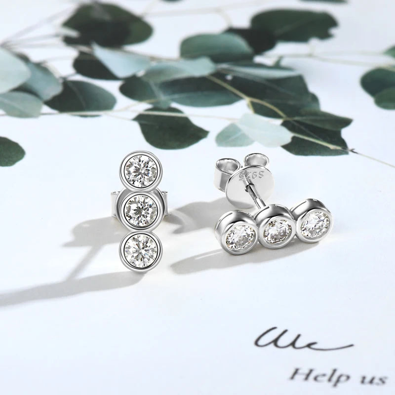 Three Stone Moissanite Earrings Studs for Women 925 Sterling Silver Earrings Trendy Bezel Setting Jewelry Valentine's Gift