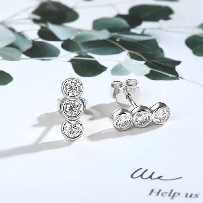 Three Stone Moissanite Earrings Studs for Women 925 Sterling Silver Earrings Trendy Bezel Setting Jewelry Valentine's Gift