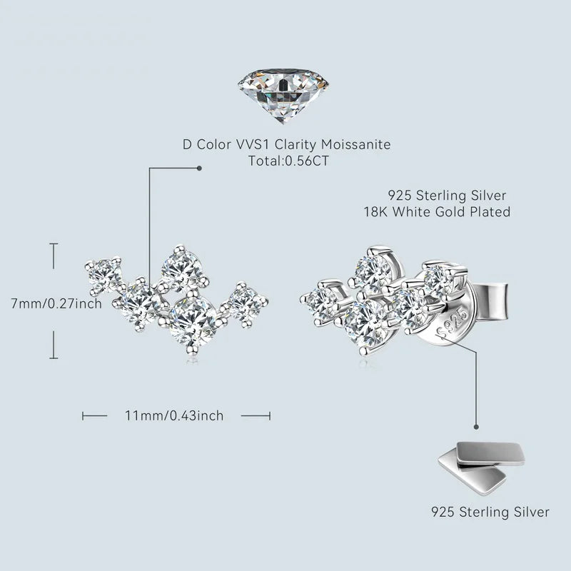 Original 925 Silver Cluster Round Moissanite Stud Earrings 18K Gold Plated for Women Gift Wedding Party Jewelry Hypoallergenic
