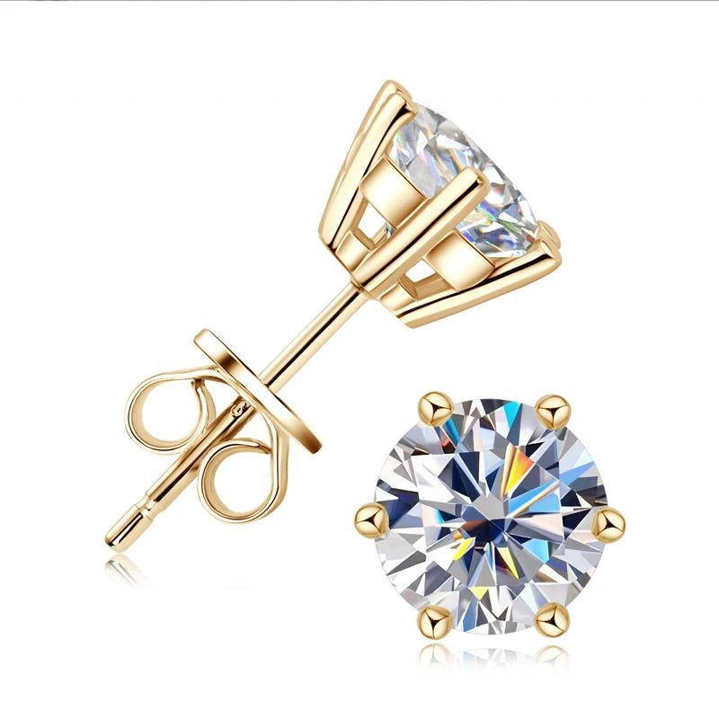 100% 925 Sterling Silver Gold Stud Earrings 6.5mm D Color Moissanite 4 Claw Earrings Classic Jewelry for Women Girl Gift