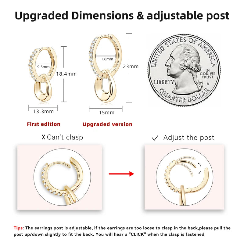 D Moissanite Hoops Earrings Silver 925 1.3mm Round Cut Certified Jewelry for Women Detachable Dangle Earring Gifts for her