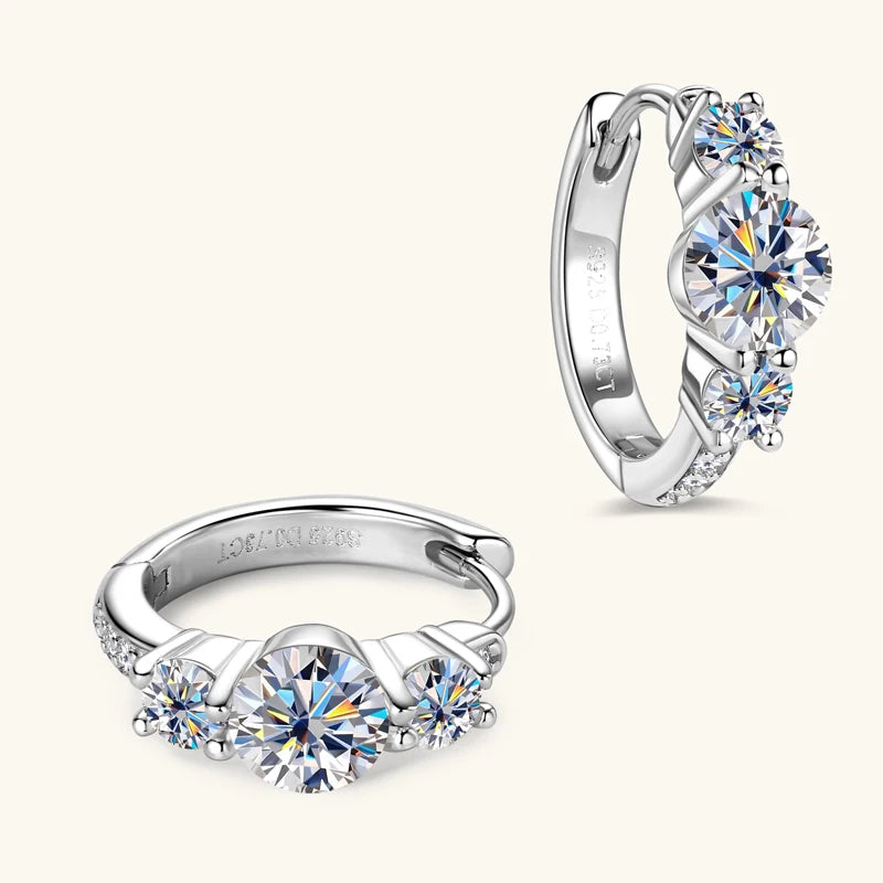 Real 925 Silver 5mm Round Moissanite Three Stone Earrings for Women 2024 New Small Hoop Wedding Jewelry Valentine Day Gift