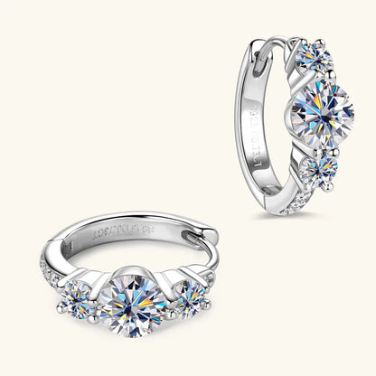 Real 925 Silver 5mm Round Moissanite Three Stone Earrings for Women 2024 New Small Hoop Wedding Jewelry Valentine Day Gift