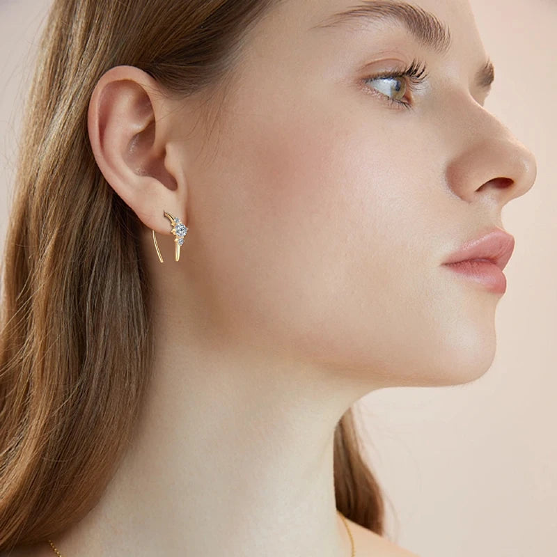 U shaped 3 Stone D0.72CT Moissanite Earrings Silver 925 Piercing Open Hoop Earrings for Women Certified Wedding Jewelry