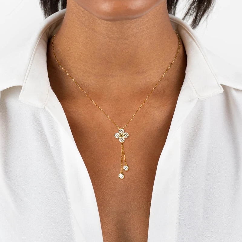 D1.40CT Moissanite Four Leaf Clover Pendant Necklace 100% 925 Silver Long Tassel Hanging Necklaces for Woman Charm Jewelry Gift