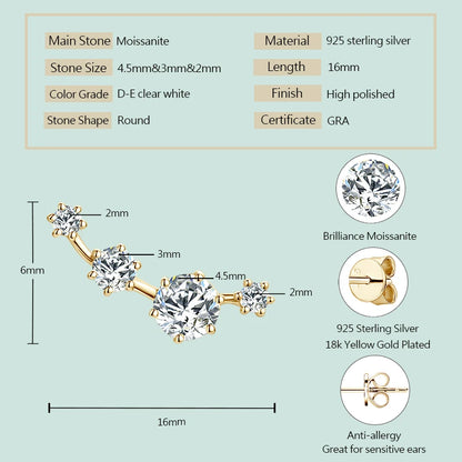 18K Gold Plated 925 Silver  D0.56CT Round VVS1 Moissanite Curved Stud Earrings Piercing for Women Men Gift 2024 New Jewel