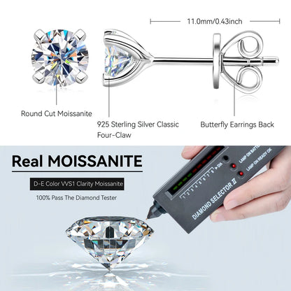 2.0ct Four-Claw Solitaire Moissanite Stud Earrings 0.5-1.0ct 925 Sterling Silver White Gold Earring for Women Jewelry Gift
