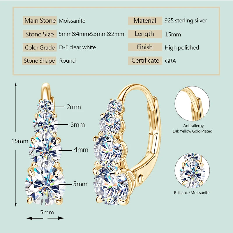 Luxury 1.86CTW 5mm Moissanite Drop Hoop Earrings for Women Real 925 Silver 4-stone Clip Earring Wedding Party Jewelry Gift