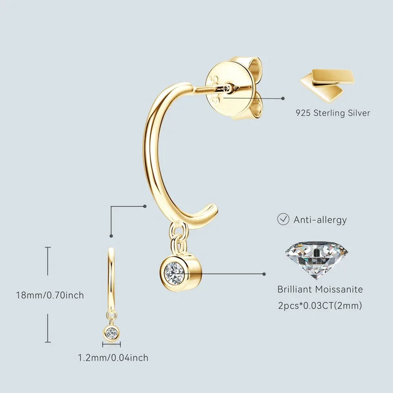 Bezel 2mm Moissanite Drop Studs Earrings 925 Silver C-shaped Earrings Cuff for Women Girl Simple Daily Ear Jewelry Gifts
