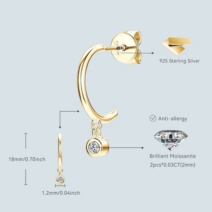 Bezel 2mm Moissanite Drop Studs Earrings 925 Silver C-shaped Earrings Cuff for Women Girl Simple Daily Ear Jewelry Gifts