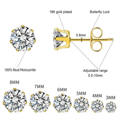 Stud Earrings for Men Women Real D Color Moissanite 3mm-9mm Multiple Sizes Earring 925 Silver Jewelry Girls Gift Certified