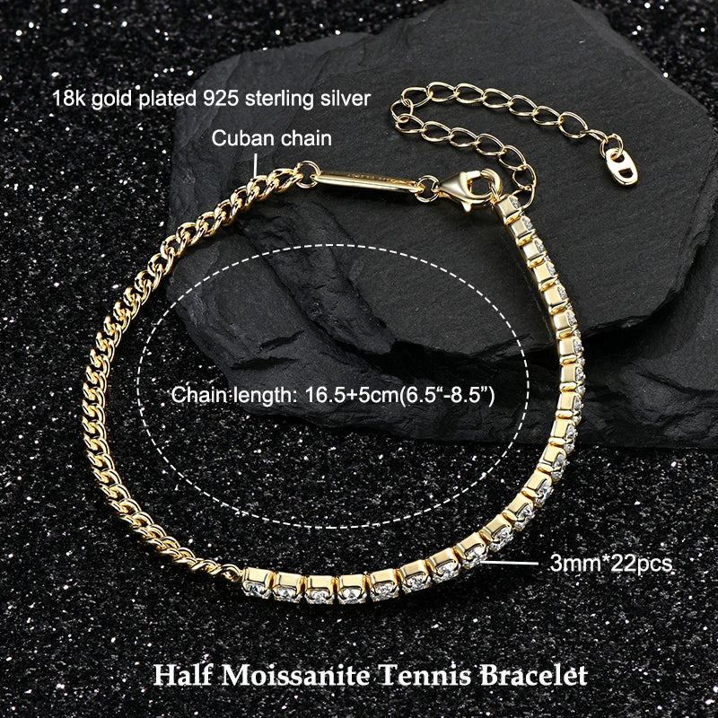 925 Sterling Silver Plated 14K Gold Tennis Bracelet 3mm 5mm D VVS1 Round Moissanite Bracelets for Women Men Couples Gifts