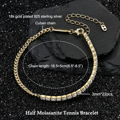 925 Sterling Silver Plated 14K Gold Tennis Bracelet 3mm 5mm D VVS1 Round Moissanite Bracelets for Women Men Couples Gifts