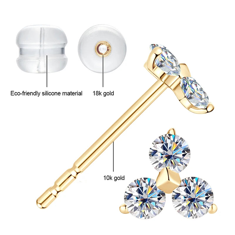 10K Solid Gold Moissanite Studs Earrings 3-Stones Mini Piercing Earrings for Women Wedding GRA Certified Fine Gold Jewelry Gifts