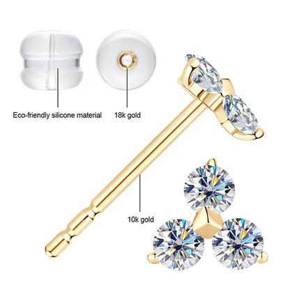 10K Solid Gold Moissanite Studs Earrings 3-Stones Mini Piercing Earrings for Women Wedding GRA Certified Fine Gold Jewelry Gifts