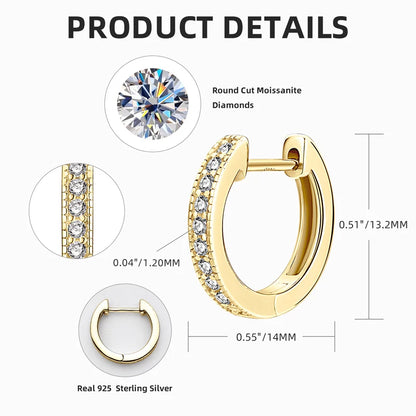 2023 Gold Hoops 925 Sterling Silver Real 1.3mm Moissanite Huggie Stud Earrings for Women Girl Gifts Certified Fine Jewelry