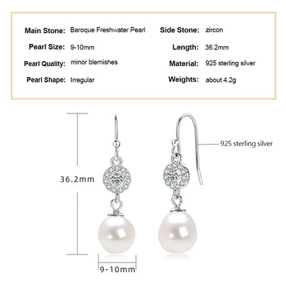 100% 925 Sterling Silver 9-10mm Baroque Freshwater Pearl Hook Earrings Wedding Engagement Fine Jewelry for Women Gifts